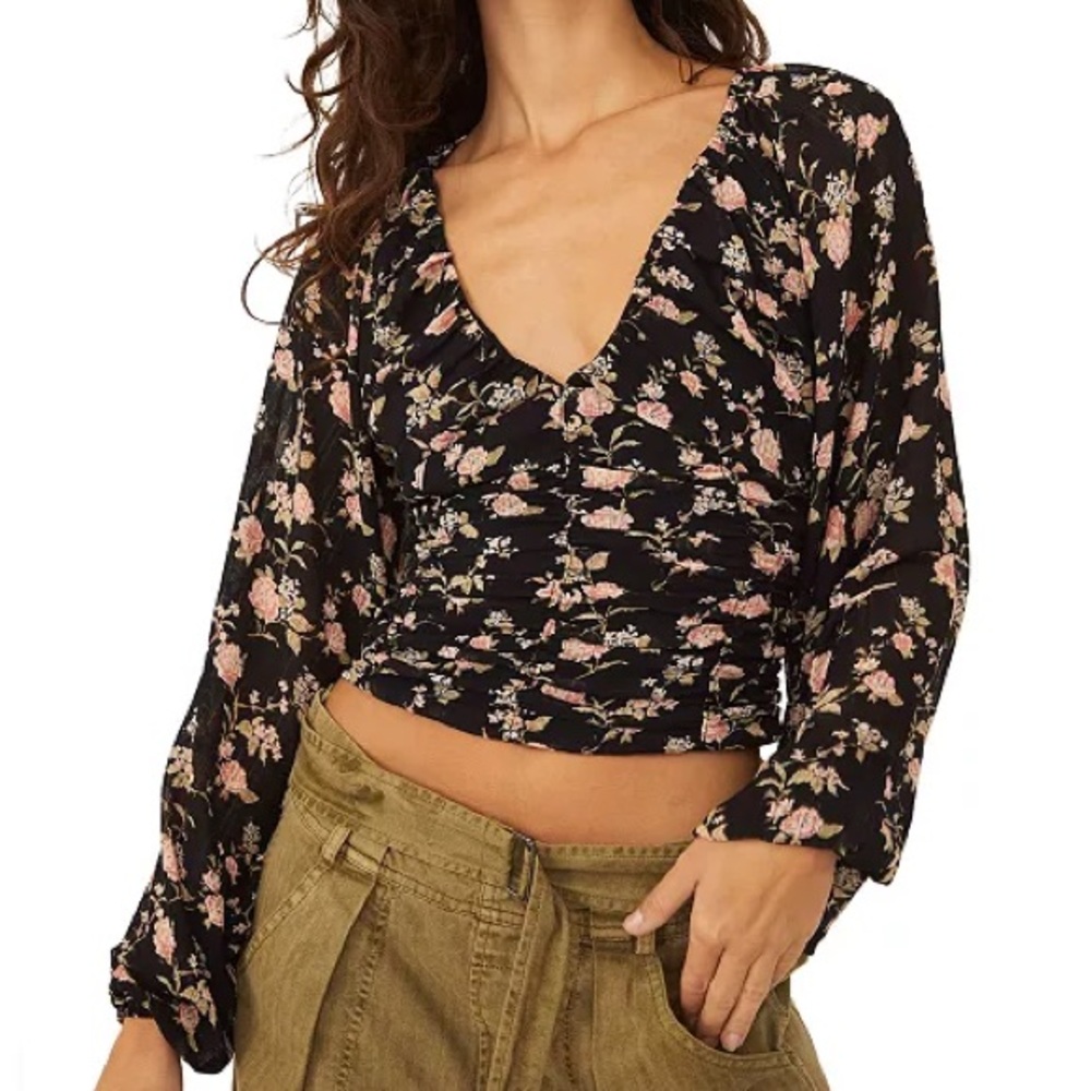 Free People Long Sleeve Floral Blouse (Size S)